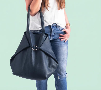 Oversized Navy Leather Tote, Genuine Cattle Shopper, Travel Work Bag, Bonus Cosmetic