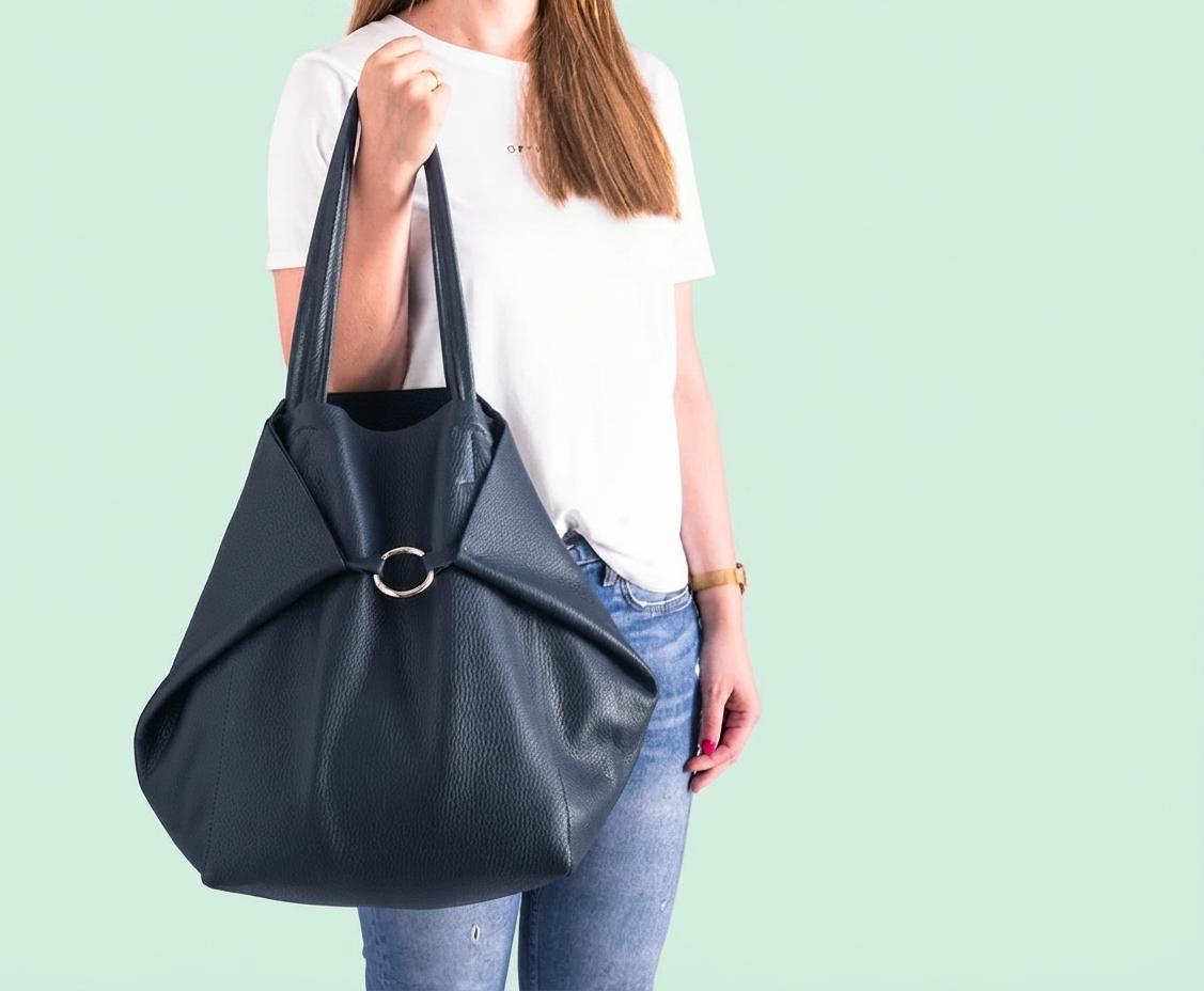 Oversized Navy Leather Tote, Genuine Cattle Shopper, Travel Work Bag, Bonus Cosmetic
