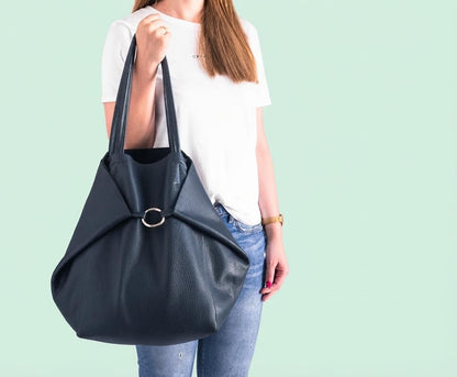 Oversized Navy Leather Tote, Genuine Cattle Shopper, Travel Work Bag, Bonus Cosmetic