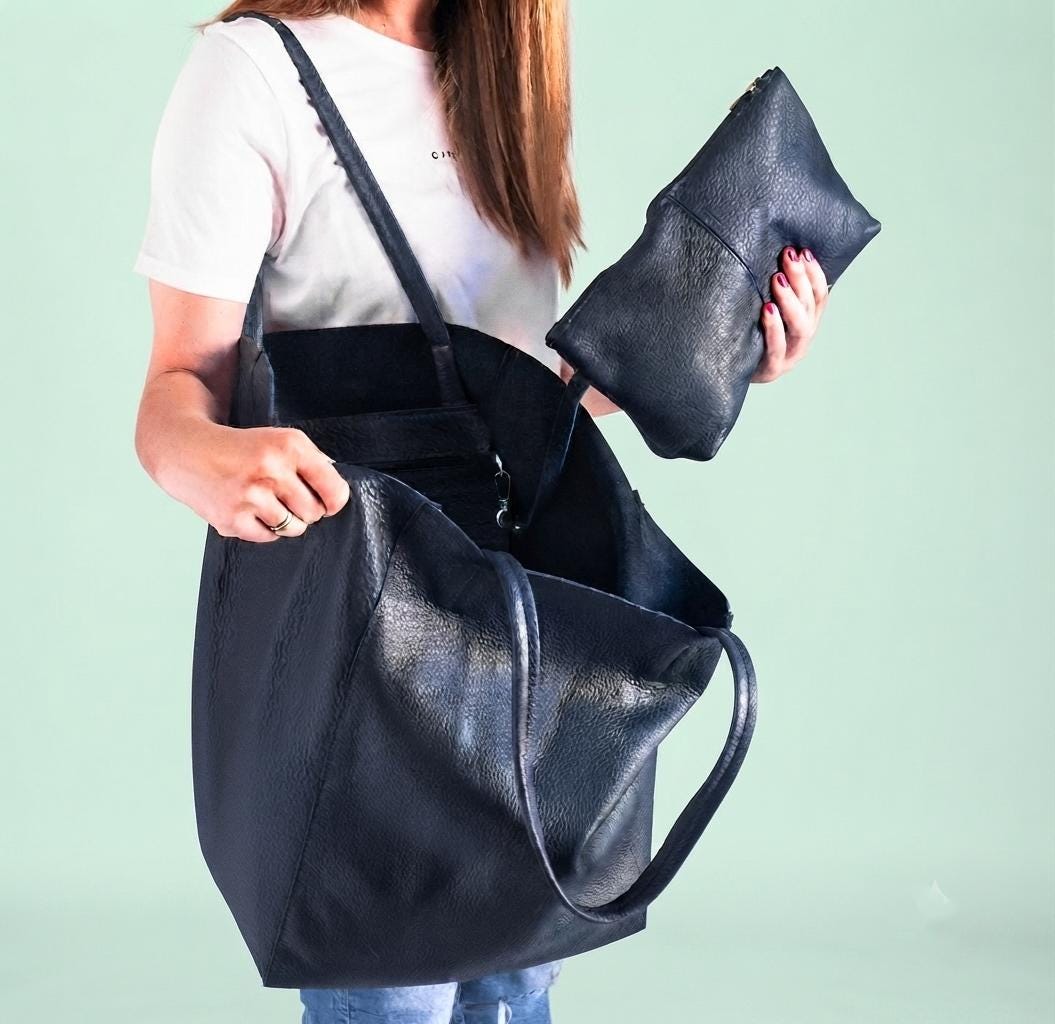 Oversized Navy Leather Tote, Genuine Cattle Shopper, Travel Work Bag, Bonus Cosmetic