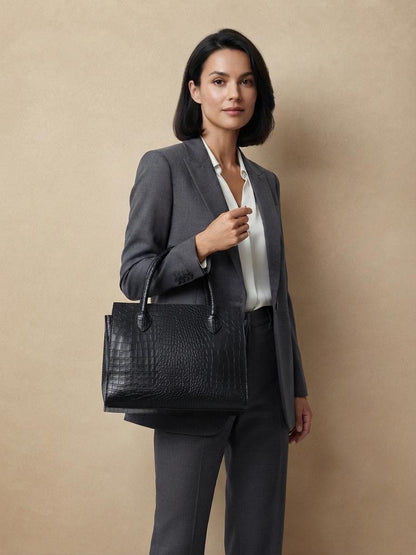 Genuine Leather Croco Pattern Tote Bag, Structured Satchel Handbag for Women