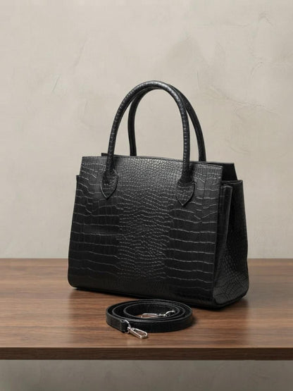 Genuine Leather Croco Pattern Tote Bag, Structured Satchel Handbag for Women
