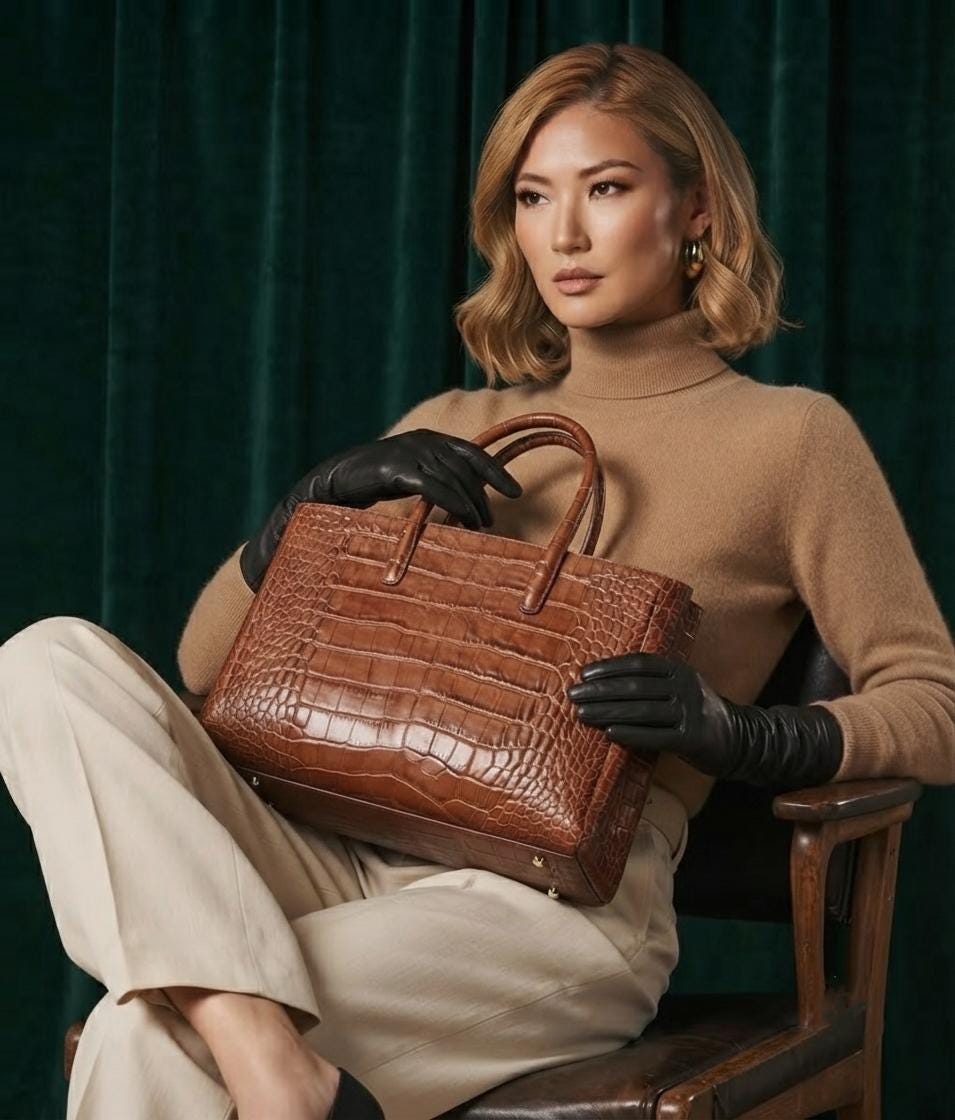 Embossed Italian Leather Tote Bag, Crocodile Texture, Everyday Work Shoulder Handbag