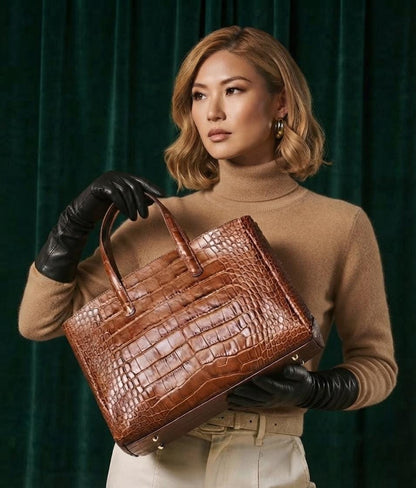 Embossed Italian Leather Tote Bag, Crocodile Texture, Everyday Work Shoulder Handbag