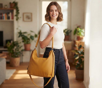 Handmade Yellow Leather Hobo Bag, Slouchy Crossbody Shoulder Purse