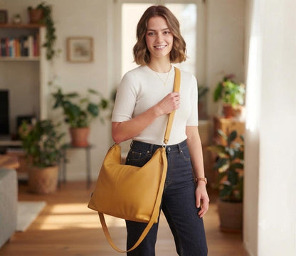 Handmade Yellow Leather Hobo Bag, Slouchy Crossbody Shoulder Purse