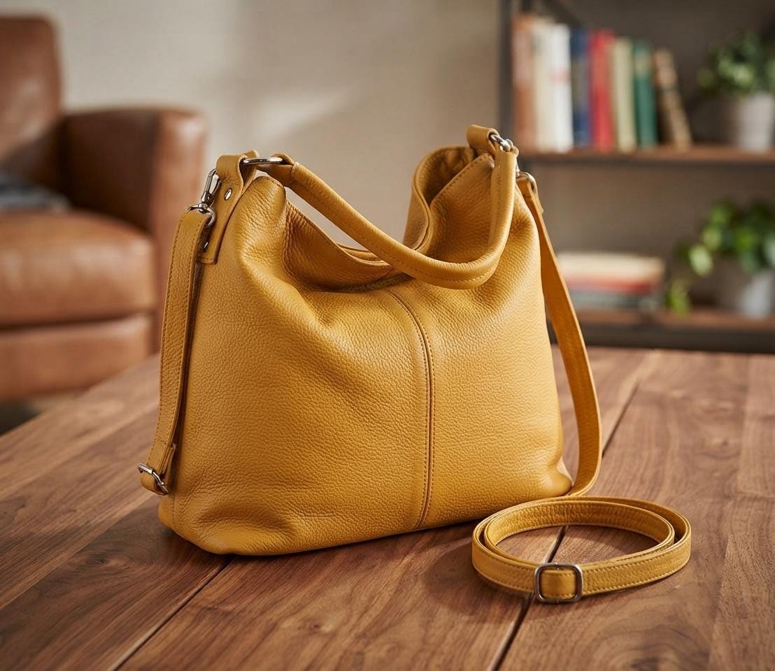 Handmade Yellow Leather Hobo Bag, Slouchy Crossbody Shoulder Purse