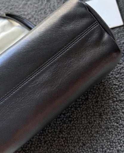 Minimalist Genuine Lambskin Tote Bag, Soft Leather 90s Bowling Purse, Top Handle Shoulder Handbag