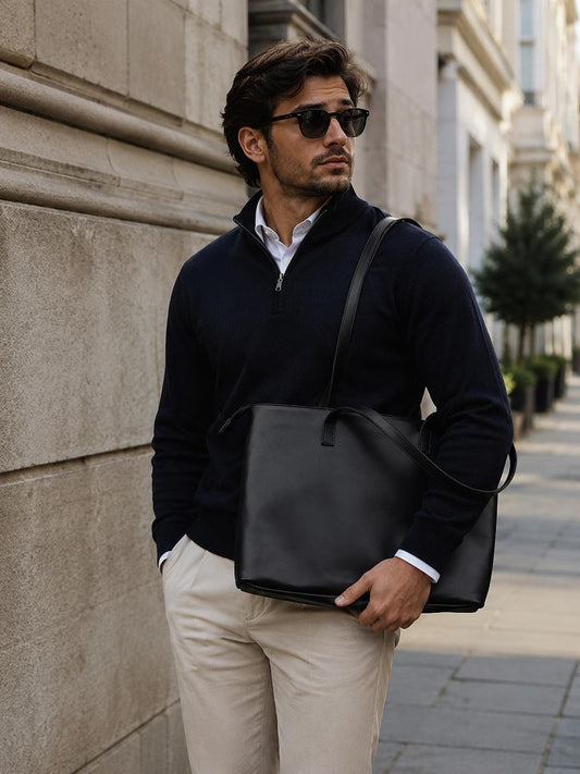 Black Leather Tote Bag, Men's Laptop Work Shoulder Bag, Professional Briefcase