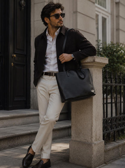 Black Leather Tote Bag, Men's Laptop Work Shoulder Bag, Professional Briefcase