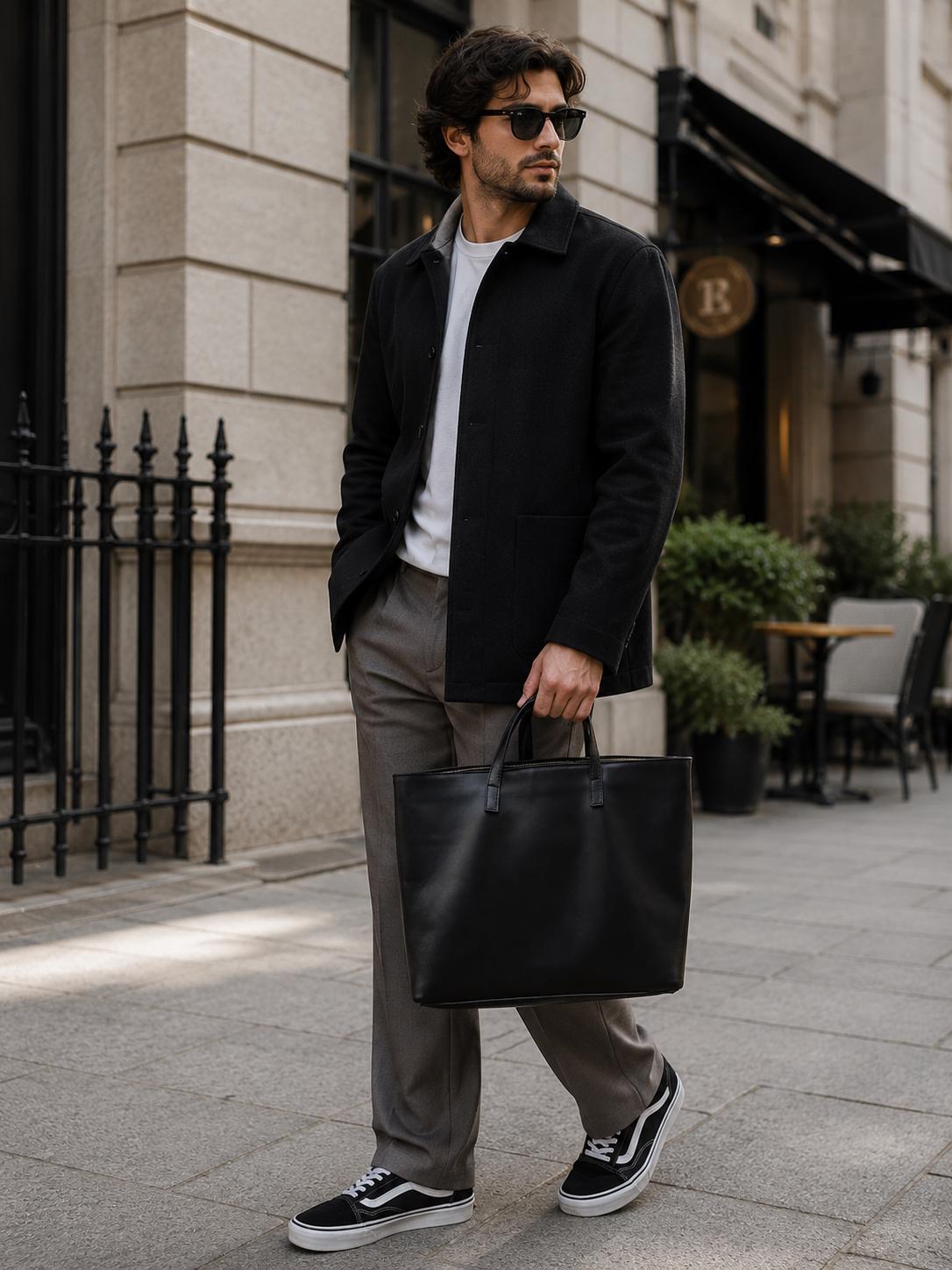 Black Leather Tote Bag, Men's Laptop Work Shoulder Bag, Professional Briefcase