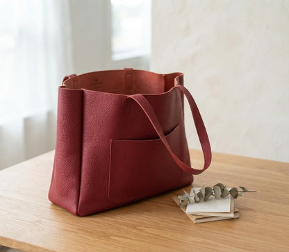 Oversized Red Leather Tote Bag, Large Everyday Office Shoulder Handbag, Handmade in Poland