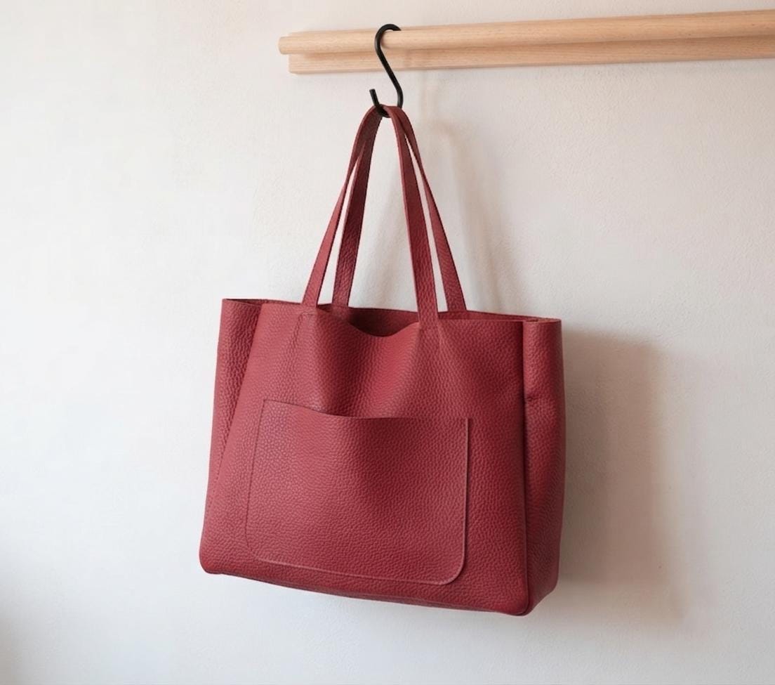 Oversized Red Leather Tote Bag, Large Everyday Office Shoulder Handbag, Handmade in Poland