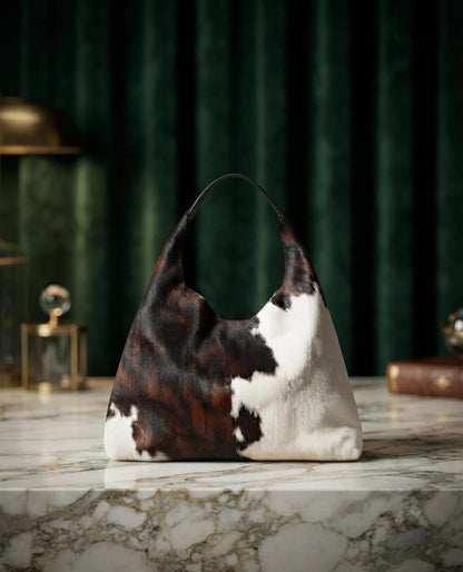 Handmade Cowhide Hobo Bag, Genuine Fur Western Leather Shoulder Tote Bag