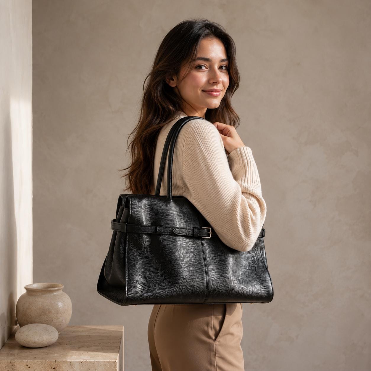 Genuine Leather Structured Work Tote, Minimalist Everyday Handbag, Quiet Luxury Bag