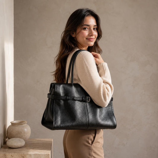 Genuine Leather Structured Work Tote, Minimalist Everyday Handbag, Quiet Luxury Bag