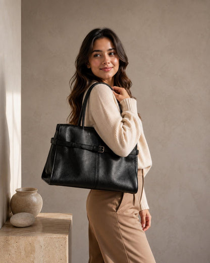 Genuine Leather Structured Work Tote, Minimalist Everyday Handbag, Quiet Luxury Bag