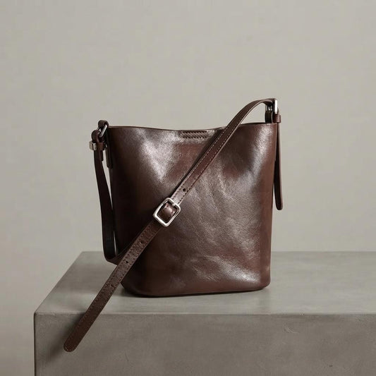 Genuine Leather Bucket Bag, Small Shoulder Purse, Everyday Crossbody Handbag, Quiet Luxury Style
