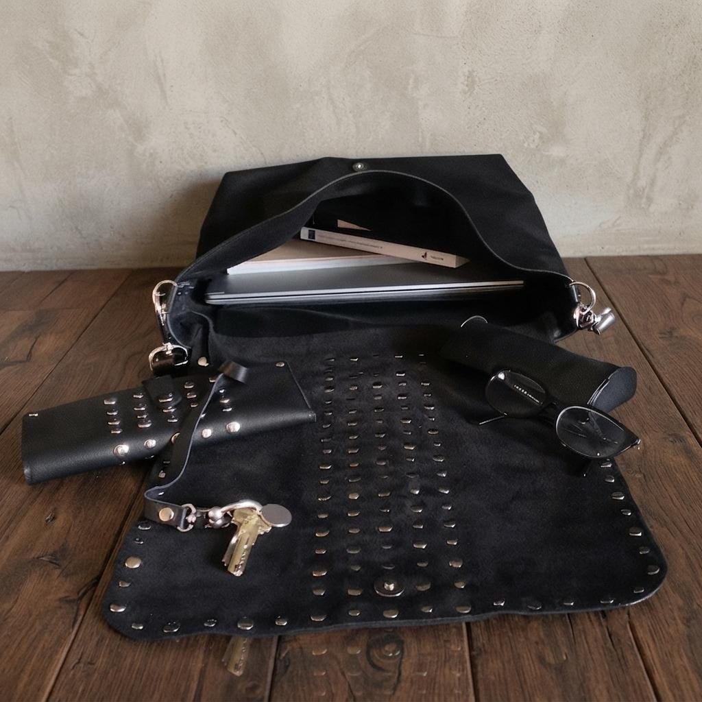Large Black Leather Studded Messenger Bag, Rocker Chic Shoulder Handbag
