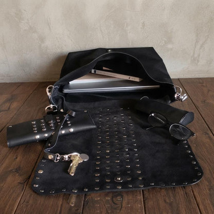 Large Black Leather Studded Messenger Bag, Rocker Chic Shoulder Handbag