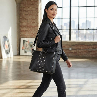 Large Black Leather Studded Messenger Bag, Rocker Chic Shoulder Handbag