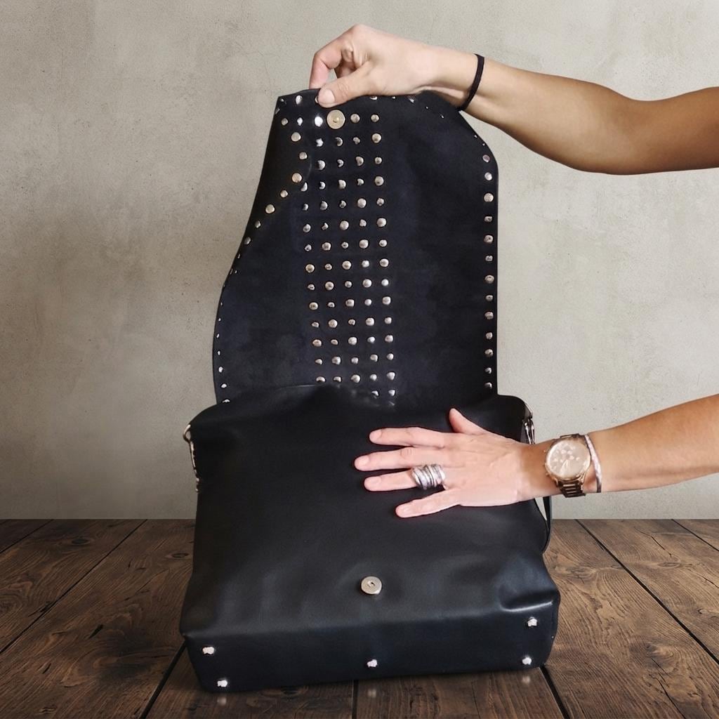 Large Black Leather Studded Messenger Bag, Rocker Chic Shoulder Handbag