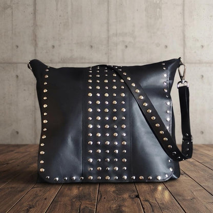 Large Black Leather Studded Messenger Bag, Rocker Chic Shoulder Handbag