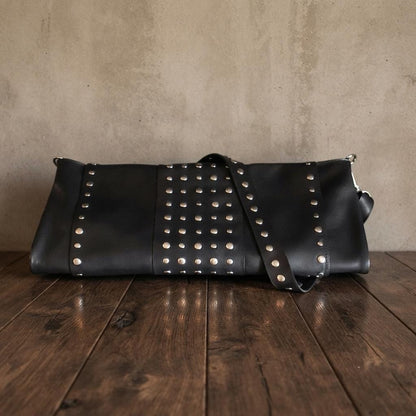 Large Black Leather Studded Messenger Bag, Rocker Chic Shoulder Handbag