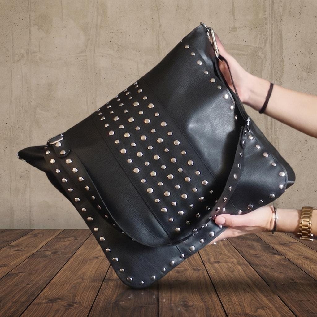 Large Black Leather Studded Messenger Bag, Rocker Chic Shoulder Handbag