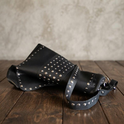 Large Black Leather Studded Messenger Bag, Rocker Chic Shoulder Handbag
