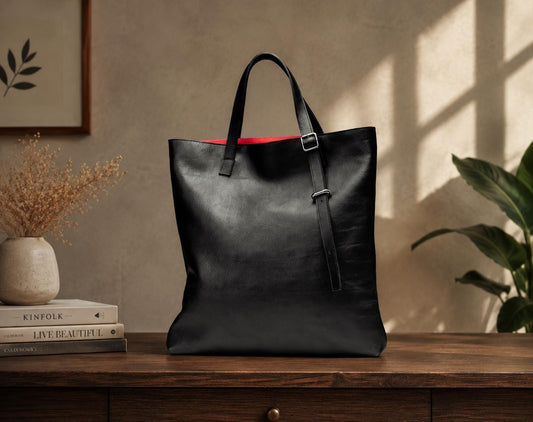 Black Leather Tote Bag, Genuine Work Laptop Shoulder Bag, Minimalist Purse (Zipper Option)