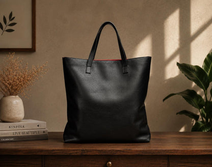 Black Leather Tote Bag, Genuine Work Laptop Shoulder Bag, Minimalist Purse (Zipper Option)