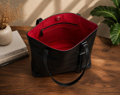 Black Leather Tote Bag, Genuine Work Laptop Shoulder Bag, Minimalist Purse (Zipper Option)