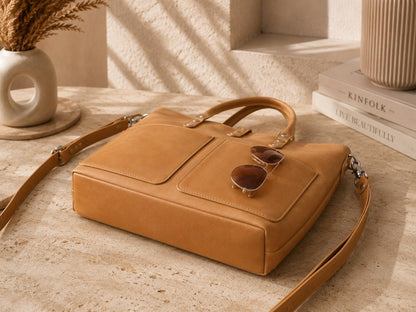 Camel Leather Tote Bag, Minimalist Top Handle Handbag, Everyday Work Bag