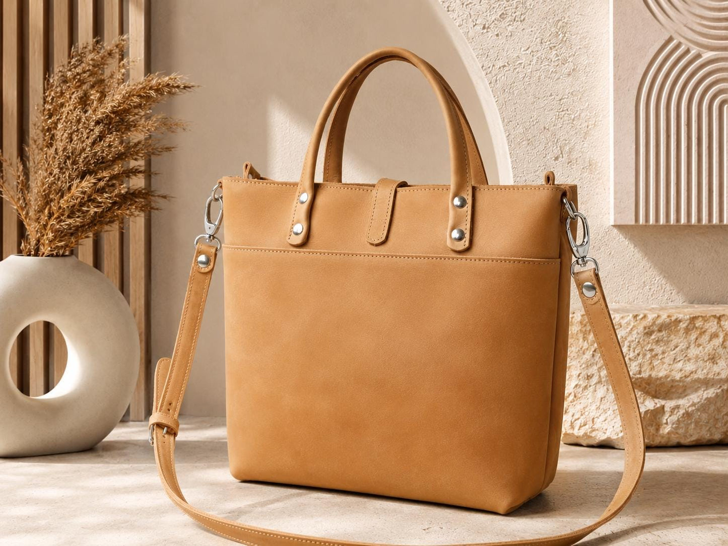 Camel Leather Tote Bag, Minimalist Top Handle Handbag, Everyday Work Bag