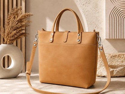 Camel Leather Tote Bag, Minimalist Top Handle Handbag, Everyday Work Bag
