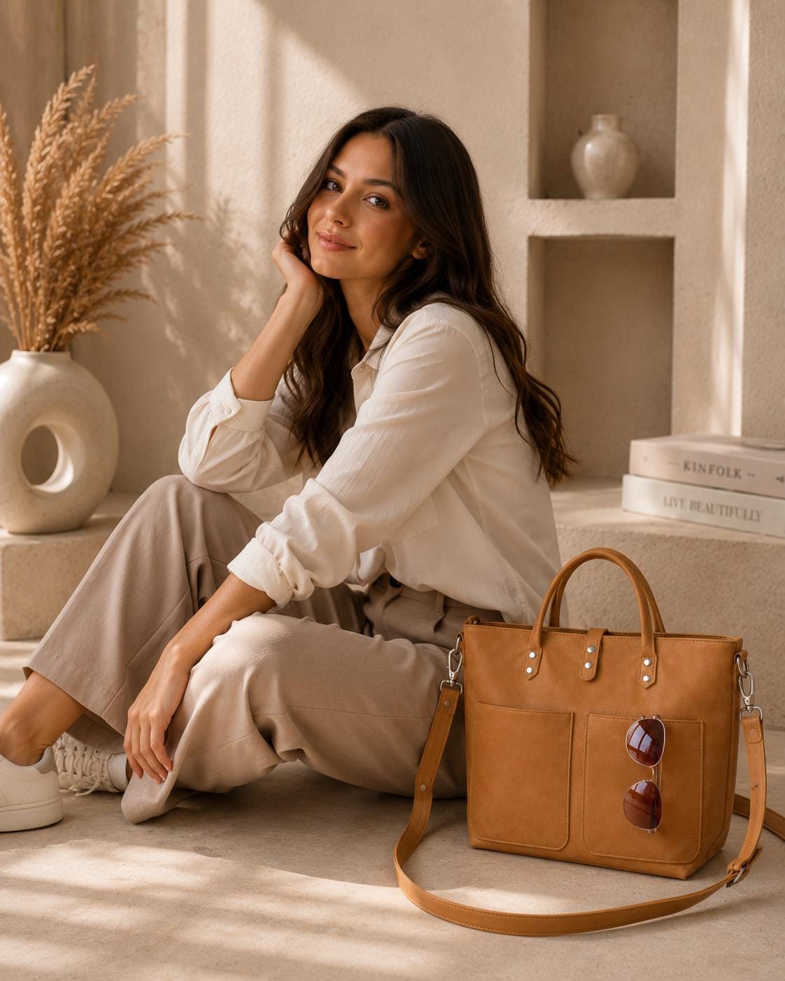Camel Leather Tote Bag, Minimalist Top Handle Handbag, Everyday Work Bag