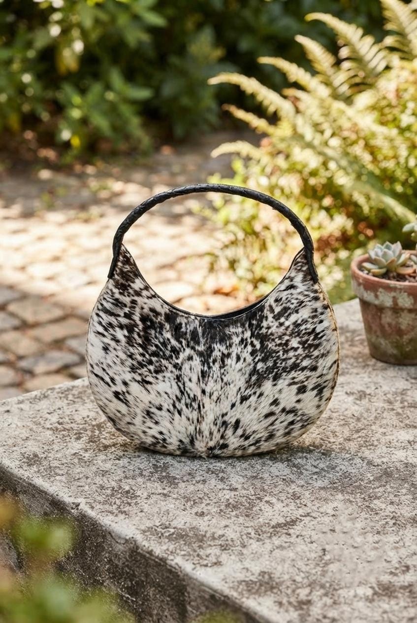 Handmade Hair-On Cowhide Leather Crescent Handbag, Unique Patterned Tote