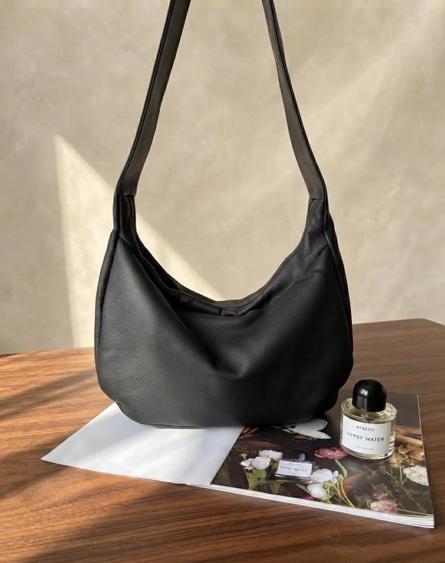 Oversized Leather Crossbody Bag, Soft Slouchy Tote, Minimalist Laptop Shoulder Bag