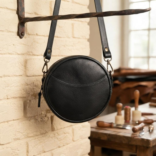 Round Full-Grain Leather Crossbody Bag, Minimalist Circle Shoulder Purse