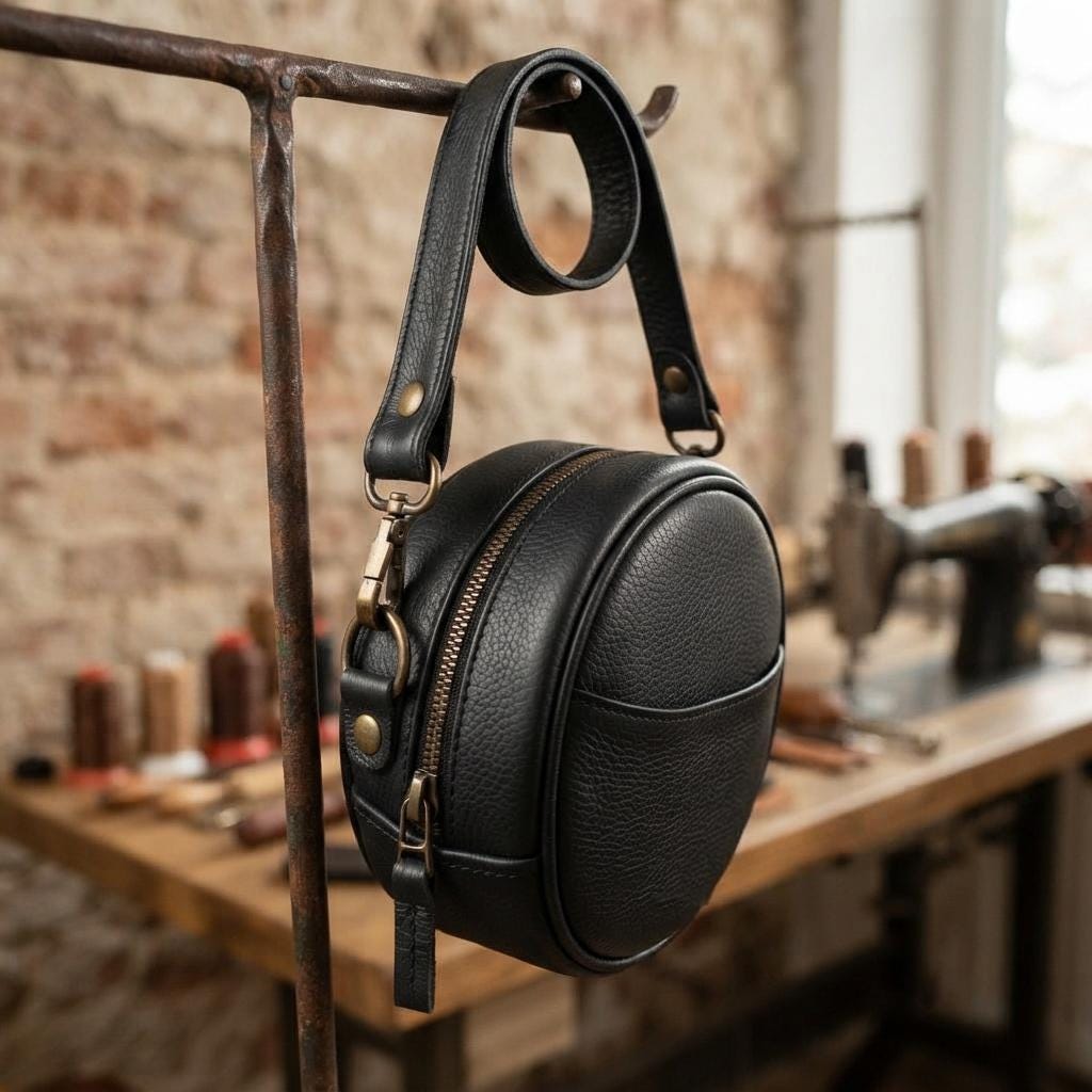 Round Full-Grain Leather Crossbody Bag, Minimalist Circle Shoulder Purse