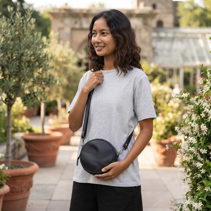 Round Full-Grain Leather Crossbody Bag, Minimalist Circle Shoulder Purse