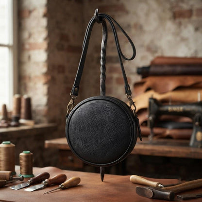 Round Full-Grain Leather Crossbody Bag, Minimalist Circle Shoulder Purse
