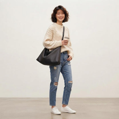 Structured Split Leather Tote Bag, Minimalist Everyday Shoulder Handbag