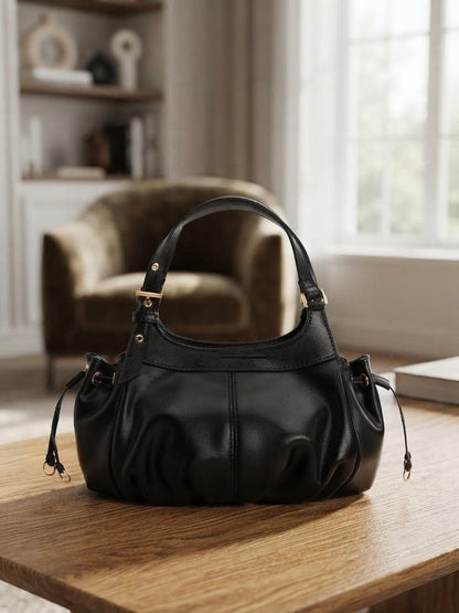 Black Mini Bucket Bag, Lillith Drawstring Purse, Compact Leather Crossbody Handbag
