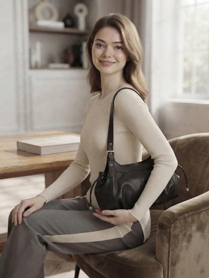 Black Mini Bucket Bag, Lillith Drawstring Purse, Compact Leather Crossbody Handbag
