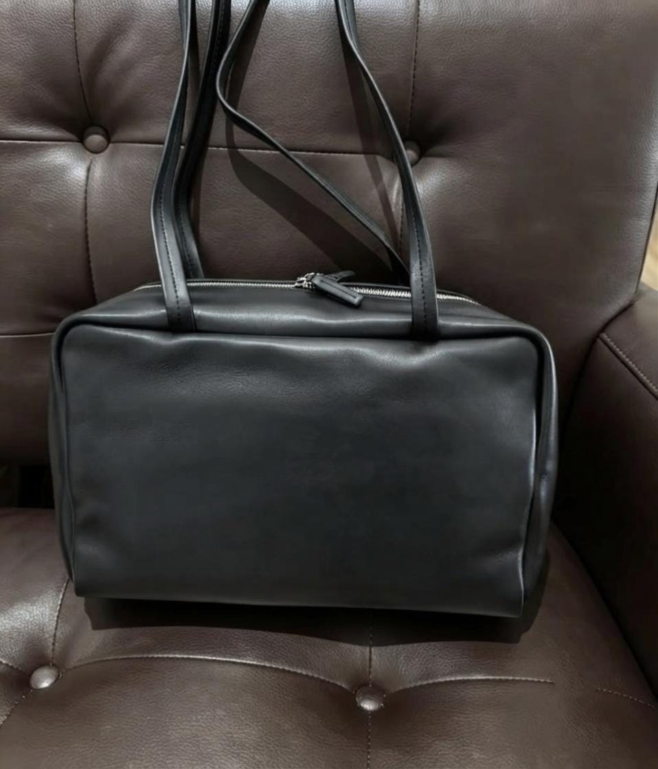 Minimalist Genuine Lambskin Tote Bag, Soft Leather 90s Bowling Purse, Top Handle Shoulder Handbag