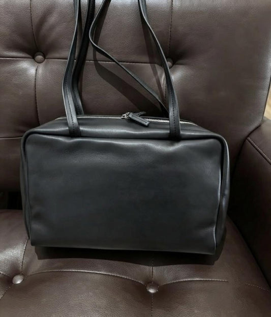 Minimalist Genuine Lambskin Tote Bag, Soft Leather 90s Bowling Purse, Top Handle Shoulder Handbag