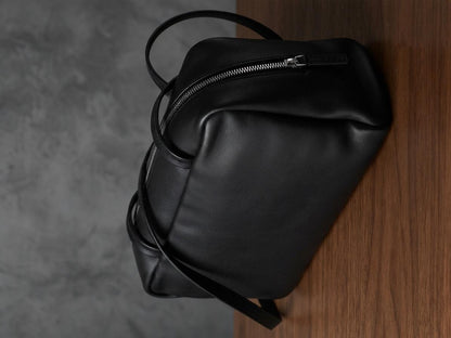 Minimalist Genuine Lambskin Tote Bag, Soft Leather 90s Bowling Purse, Top Handle Shoulder Handbag