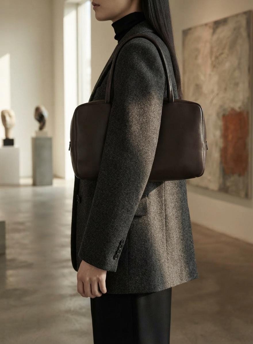 Minimalist Genuine Lambskin Tote Bag, Soft Leather 90s Bowling Purse, Top Handle Shoulder Handbag